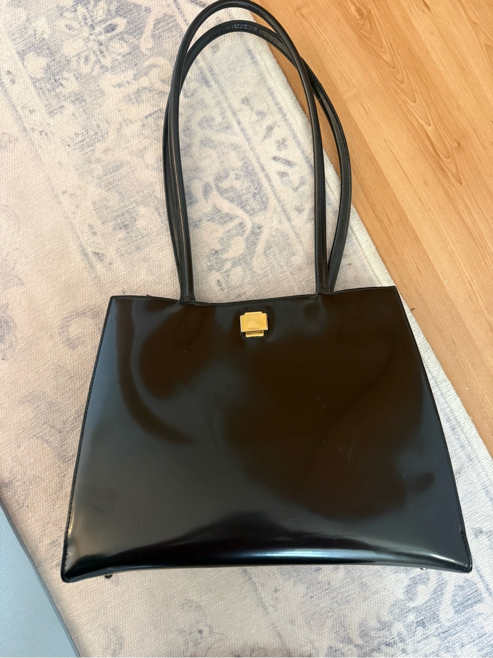 Vintage Furla Black Patent Shoulder Tote with Gold Clasp